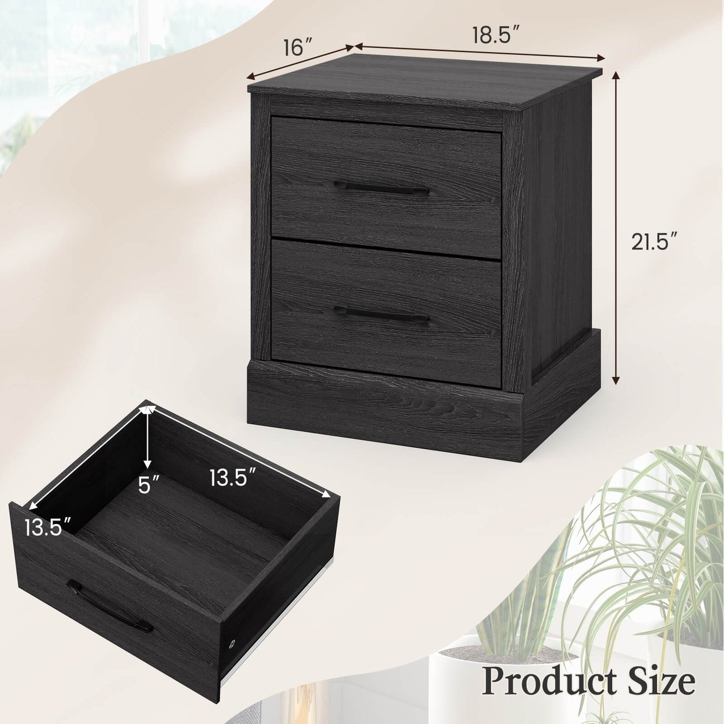 Farmhouse Style Nightstand with 2 Storage Drawers and Square Top - Dark Grey