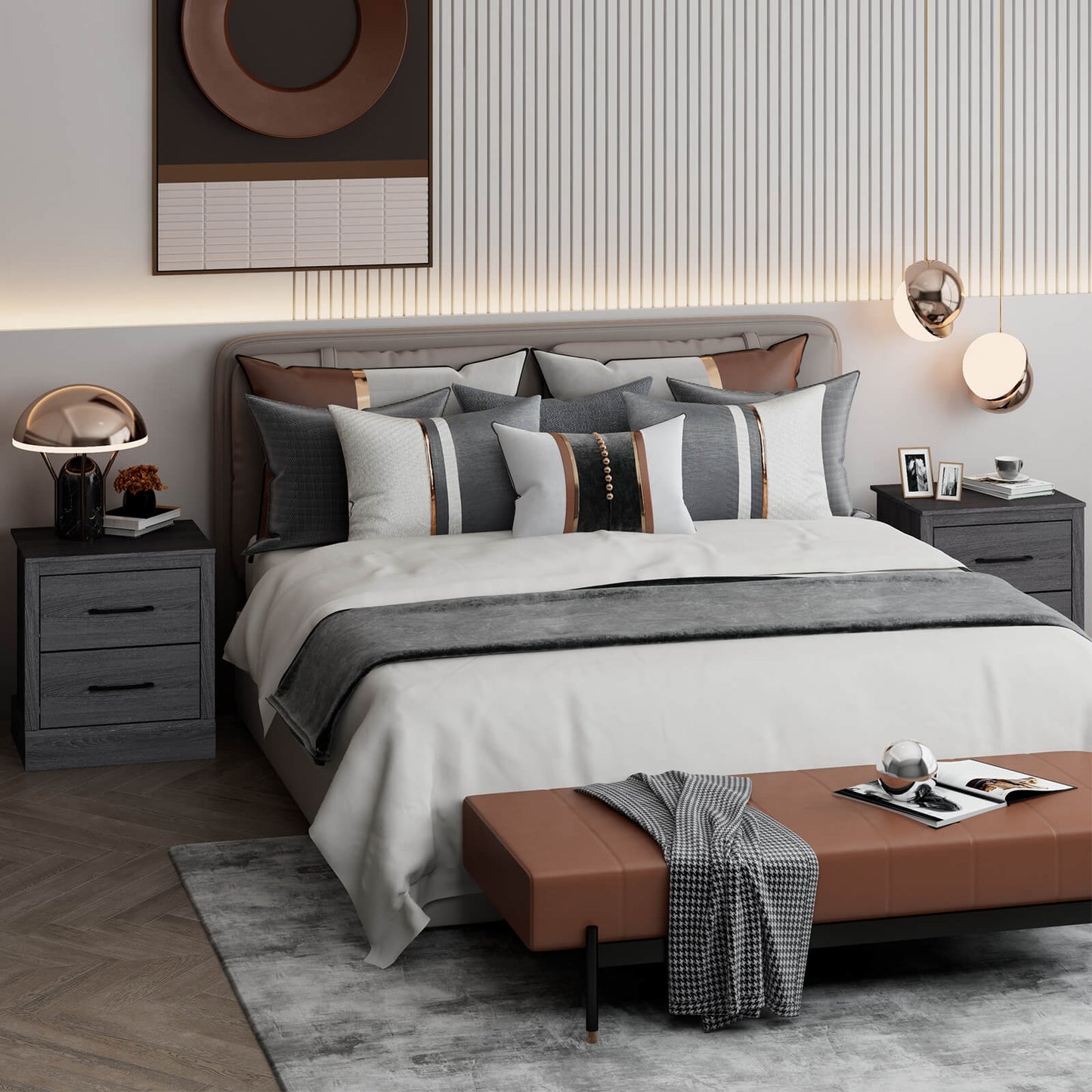 Farmhouse Style Nightstand with 2 Storage Drawers and Square Top - Dark Grey
