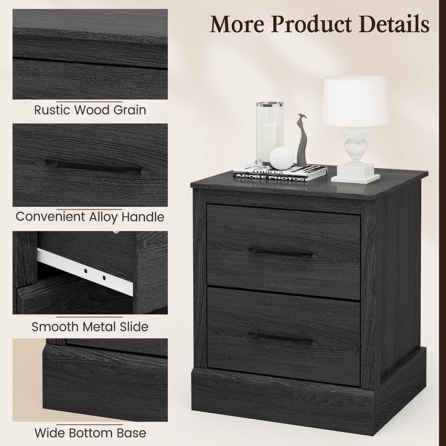Farmhouse Style Nightstand with 2 Storage Drawers and Square Top - Dark Grey