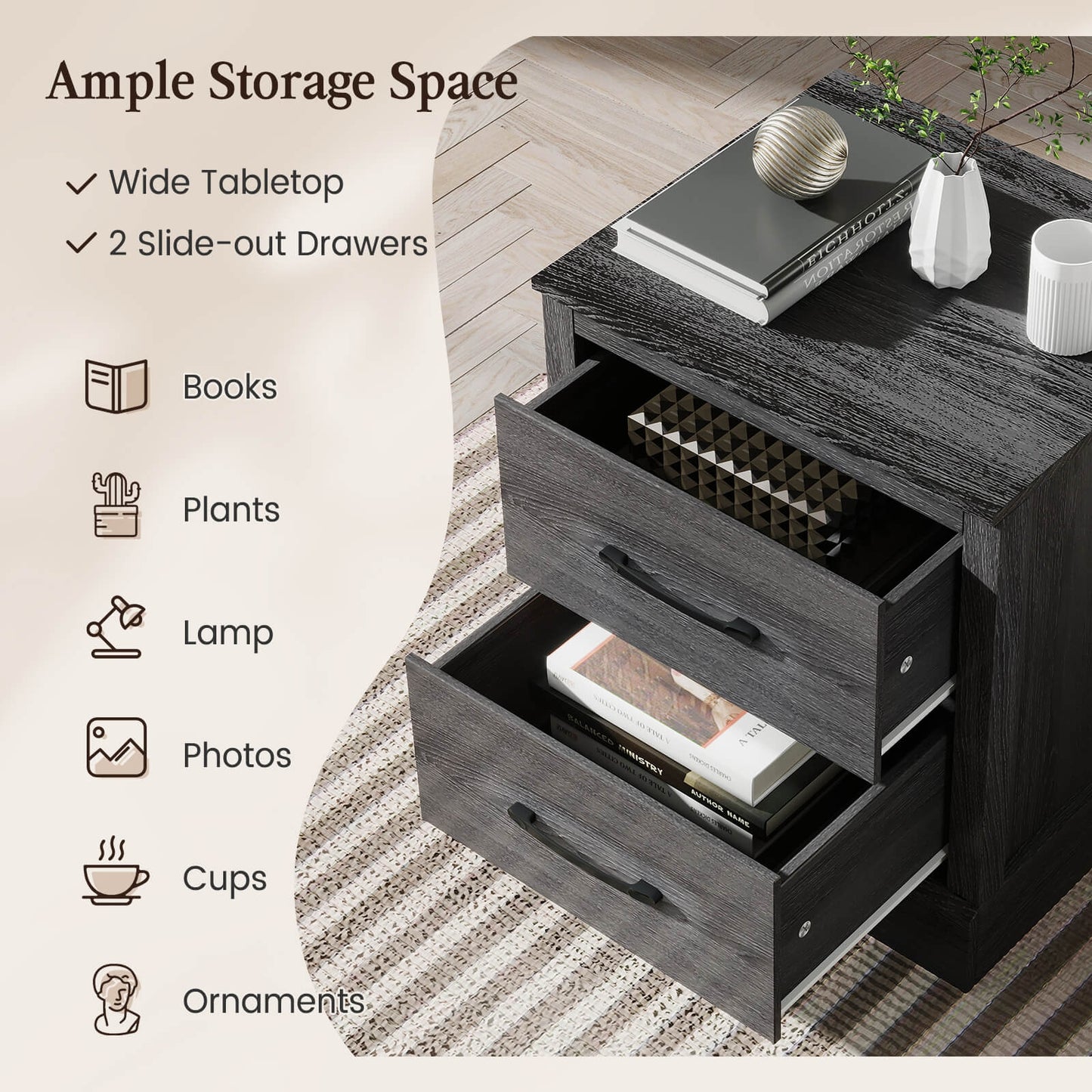 Farmhouse Style Nightstand with 2 Storage Drawers and Square Top - Dark Grey