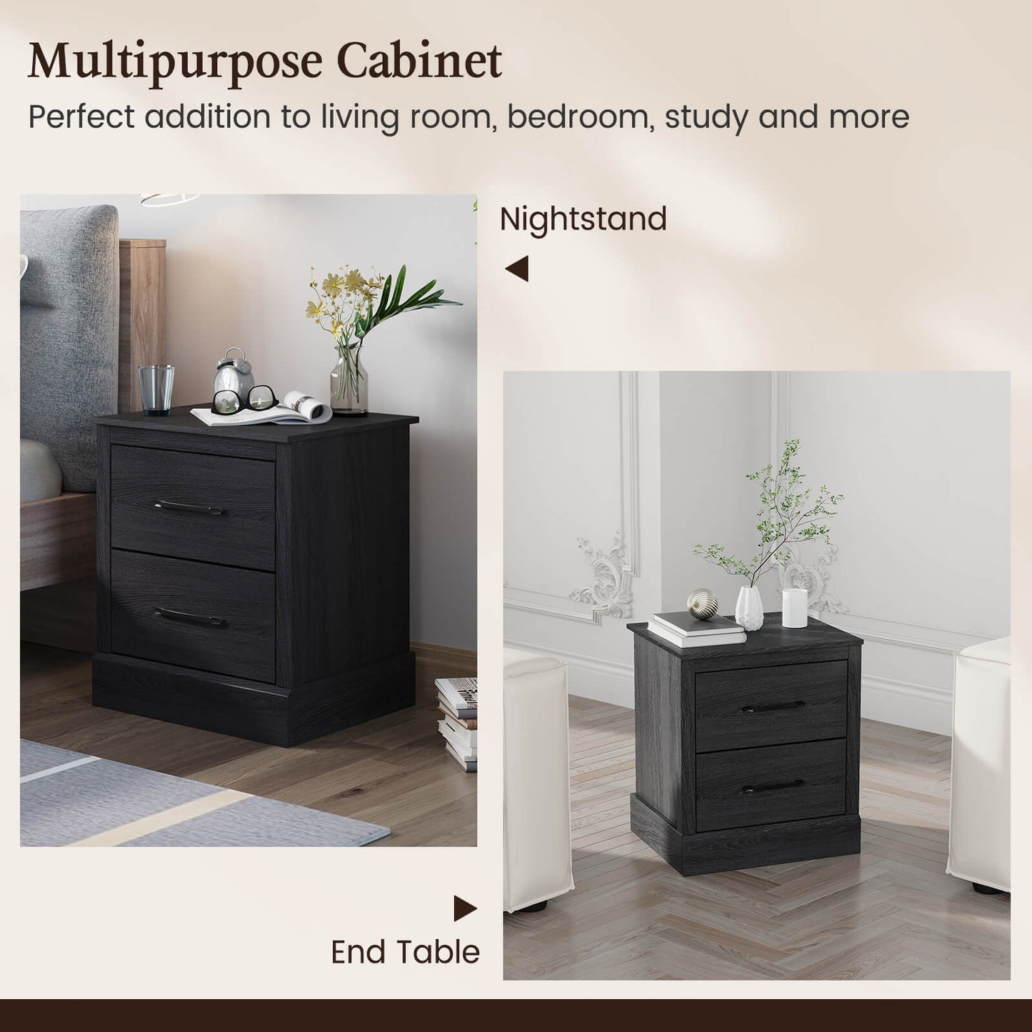 Farmhouse Style Nightstand with 2 Storage Drawers and Square Top - Dark Grey
