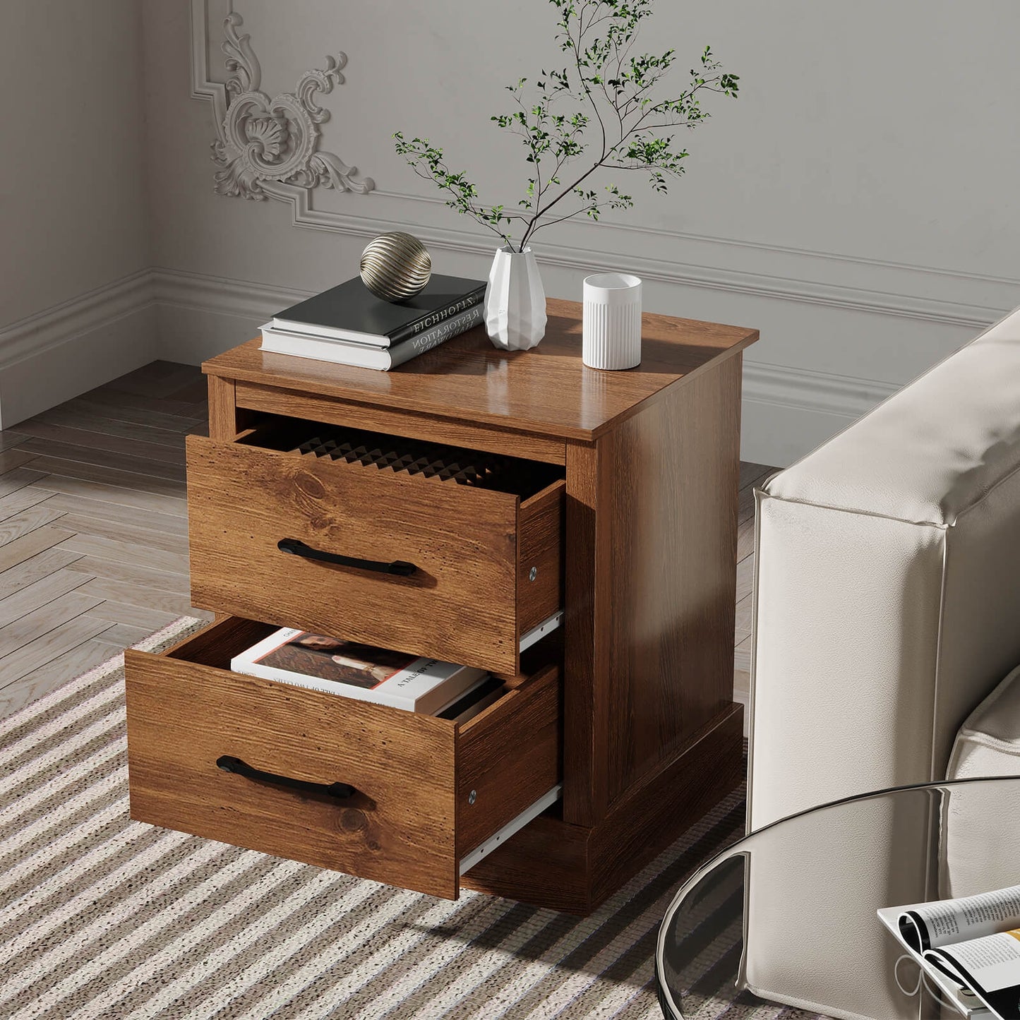 Farmhouse Style Nightstand with 2 Storage Drawers and Square Top - Rustic Brown