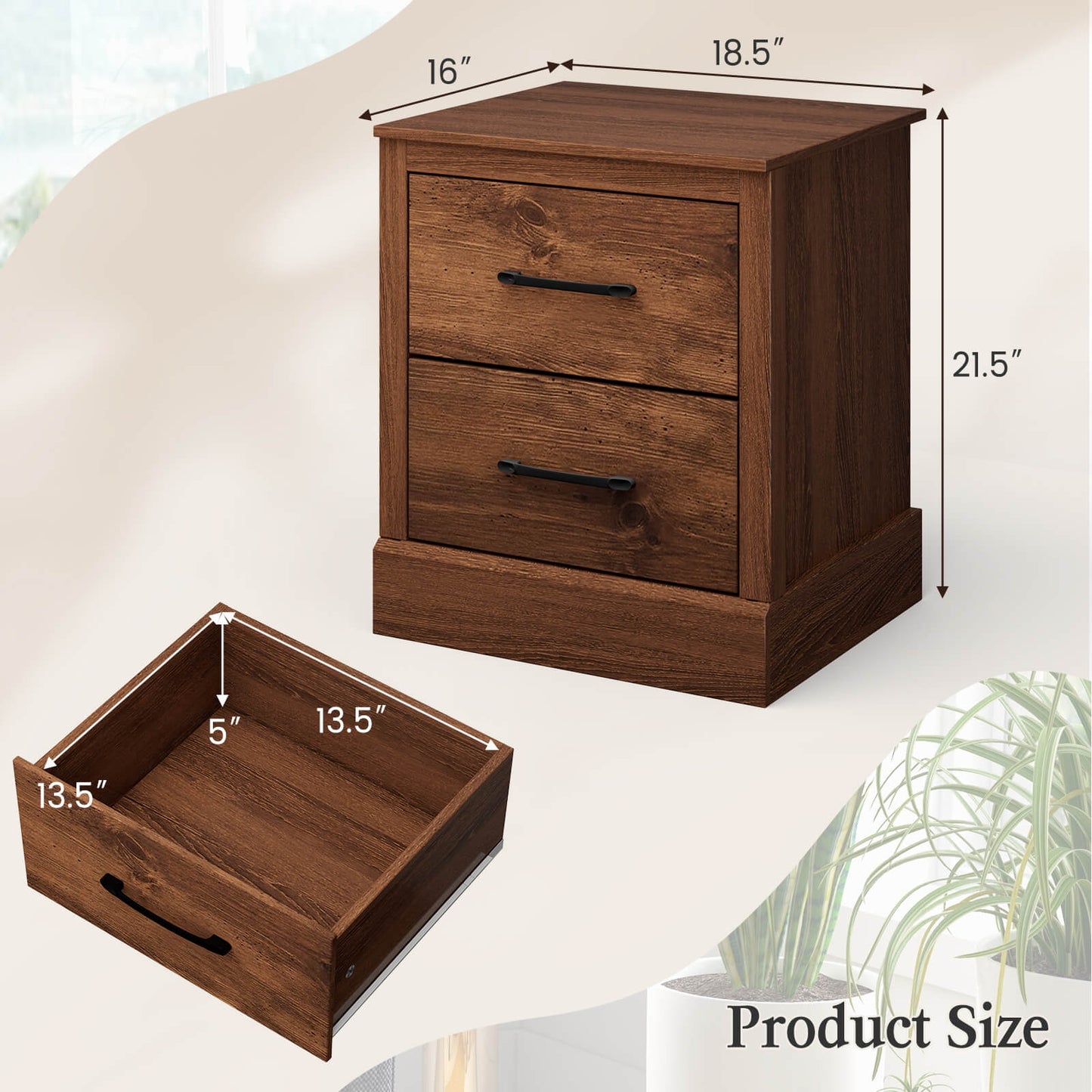 Farmhouse Style Nightstand with 2 Storage Drawers and Square Top - Rustic Brown