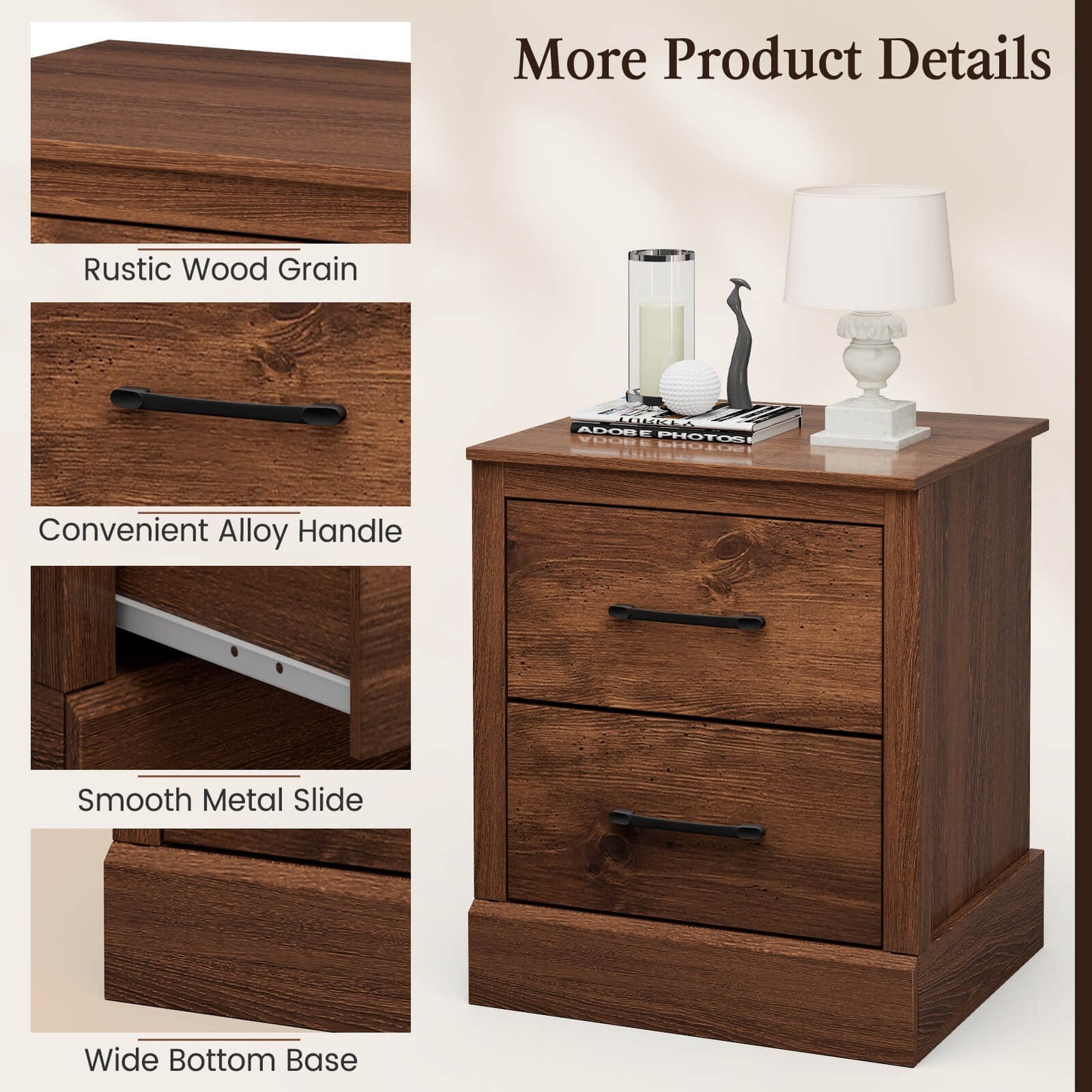 Farmhouse Style Nightstand with 2 Storage Drawers and Square Top - Rustic Brown