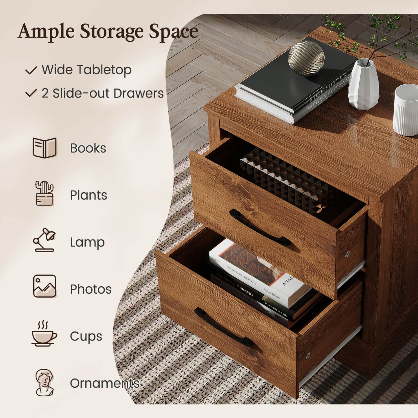 Farmhouse Style Nightstand with 2 Storage Drawers and Square Top - Rustic Brown