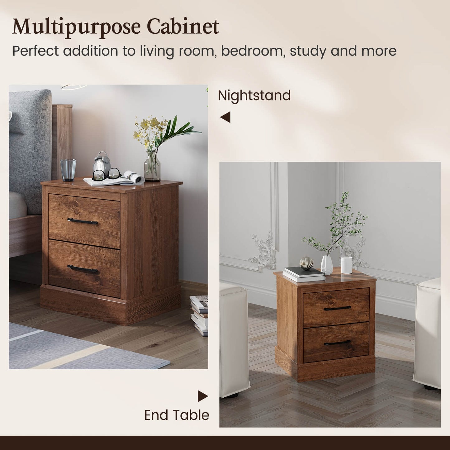 Farmhouse Style Nightstand with 2 Storage Drawers and Square Top - Rustic Brown