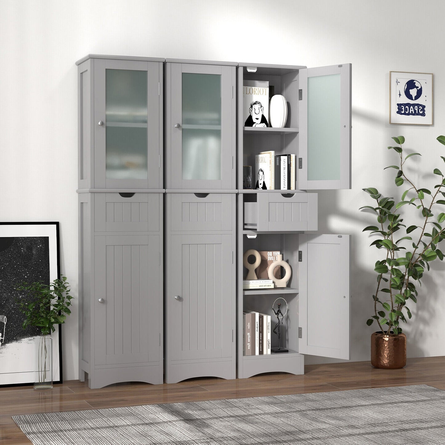 Slim Tall Storage Cabinet with 2 Doors and Drawer for Bathroom Organization
