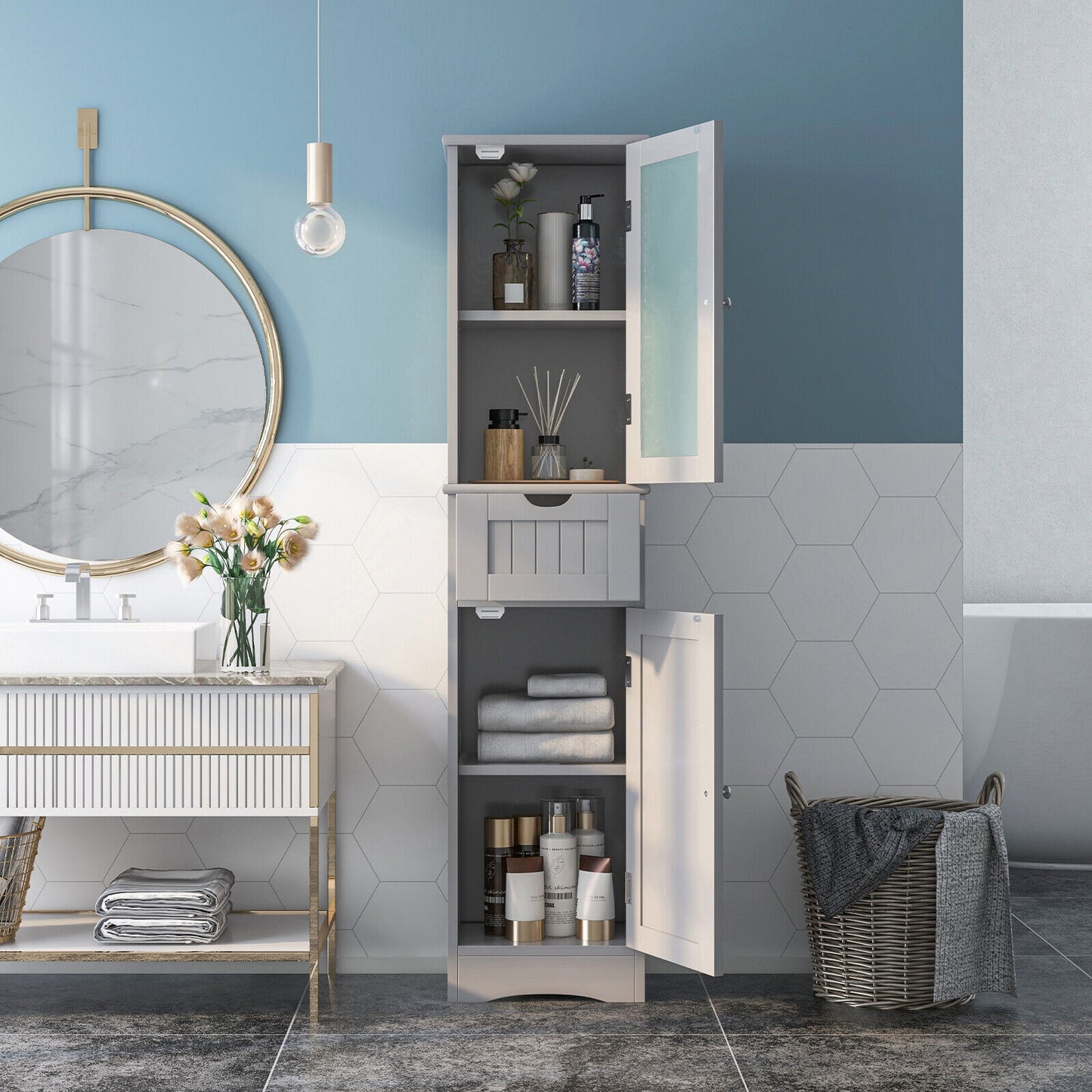 Slim Tall Storage Cabinet with 2 Doors and Drawer for Bathroom Organization