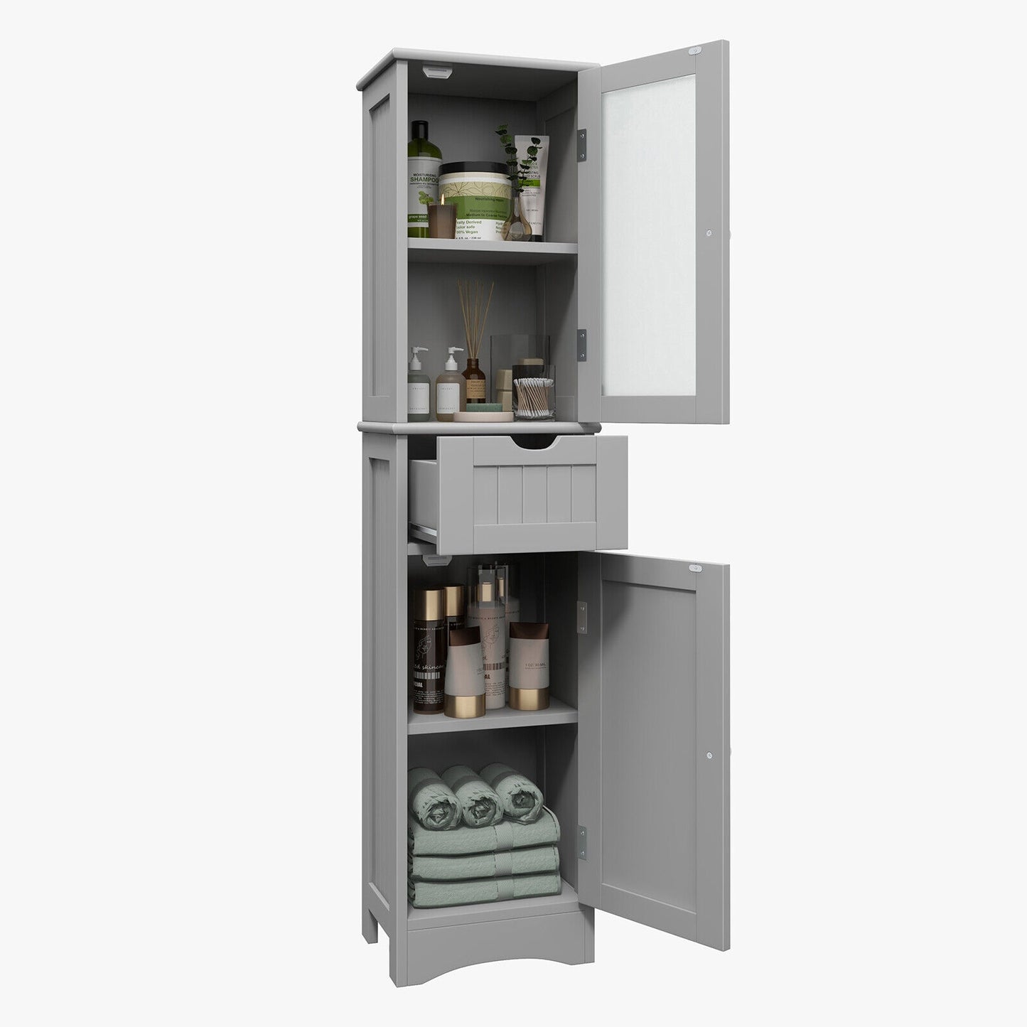 Slim Tall Storage Cabinet with 2 Doors and Drawer for Bathroom Organization