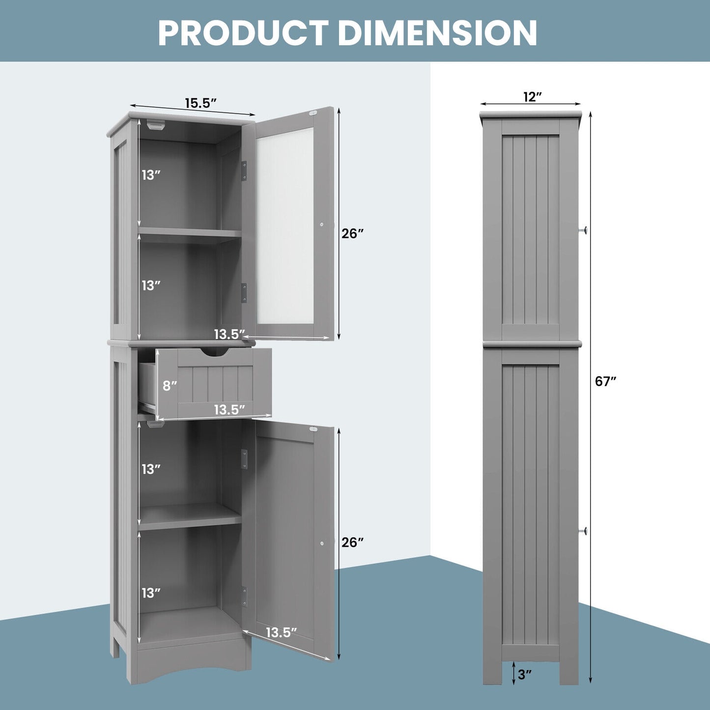 Slim Tall Storage Cabinet with 2 Doors and Drawer for Bathroom Organization