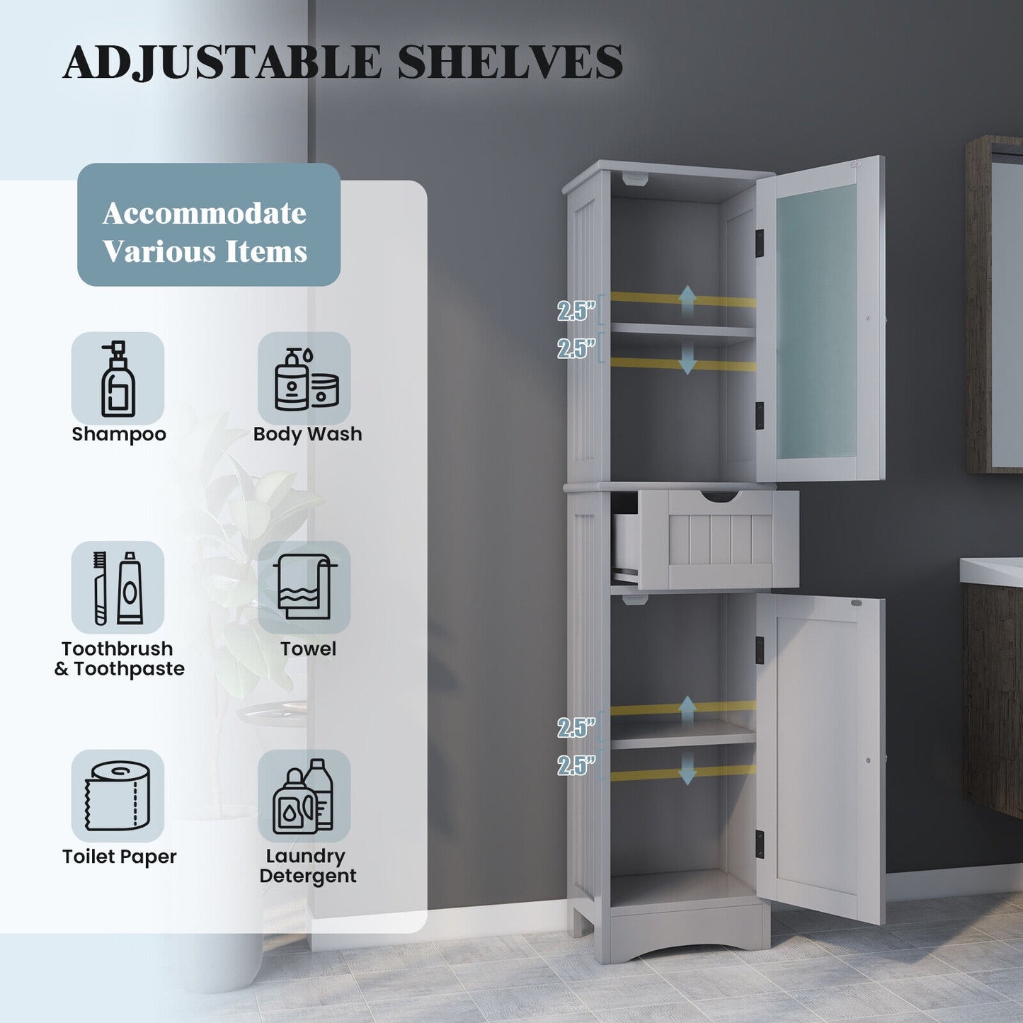 Slim Tall Storage Cabinet with 2 Doors and Drawer for Bathroom Organization