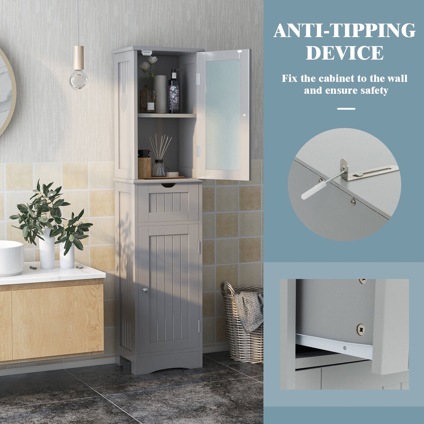 Slim Tall Storage Cabinet with 2 Doors and Drawer for Bathroom Organization