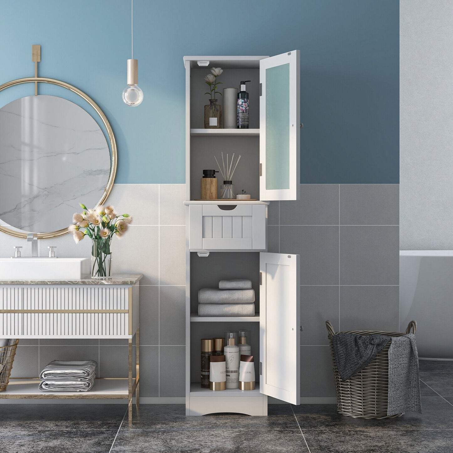 Slim Tall Storage Cabinet with 2 Doors and Drawer for Bathroom Organization