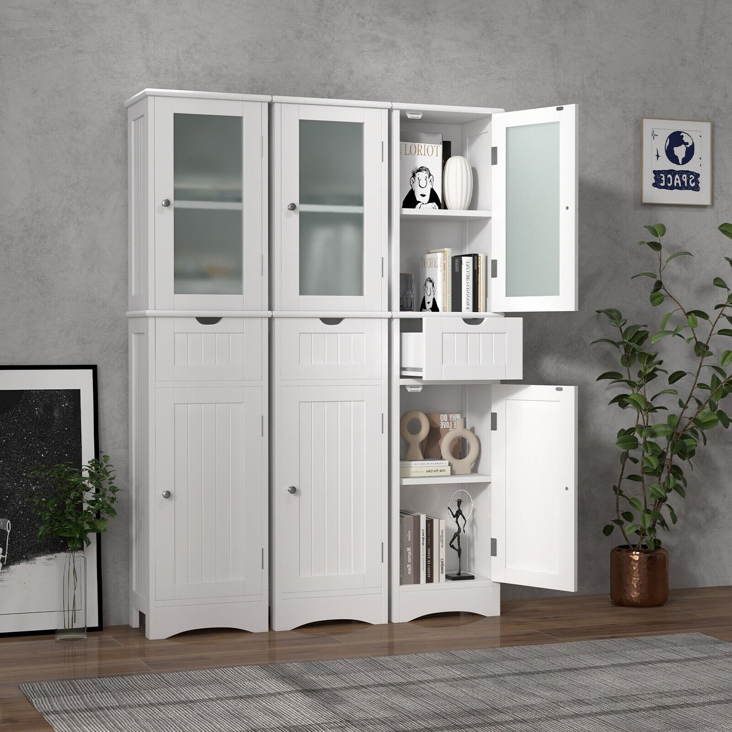 Slim Tall Storage Cabinet with 2 Doors and Drawer for Bathroom Organization