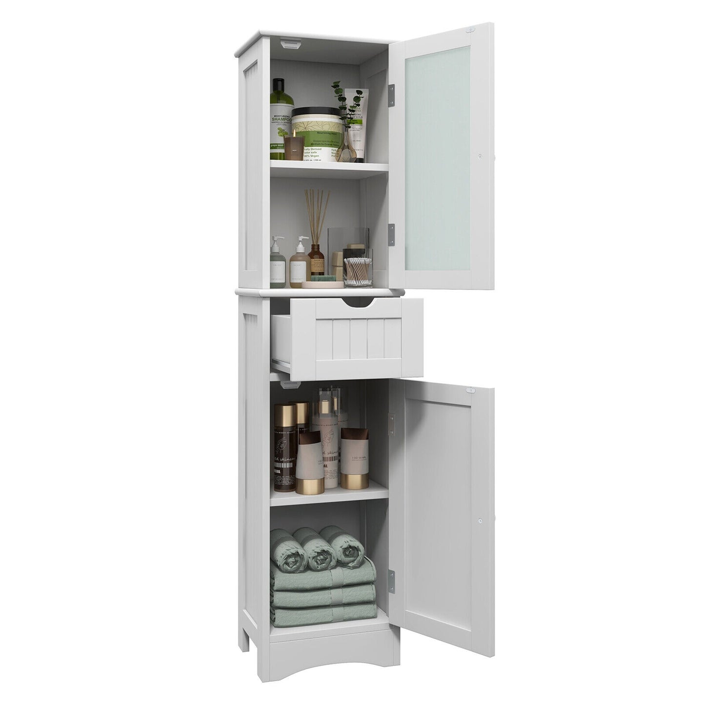 Slim Tall Storage Cabinet with 2 Doors and Drawer for Bathroom Organization