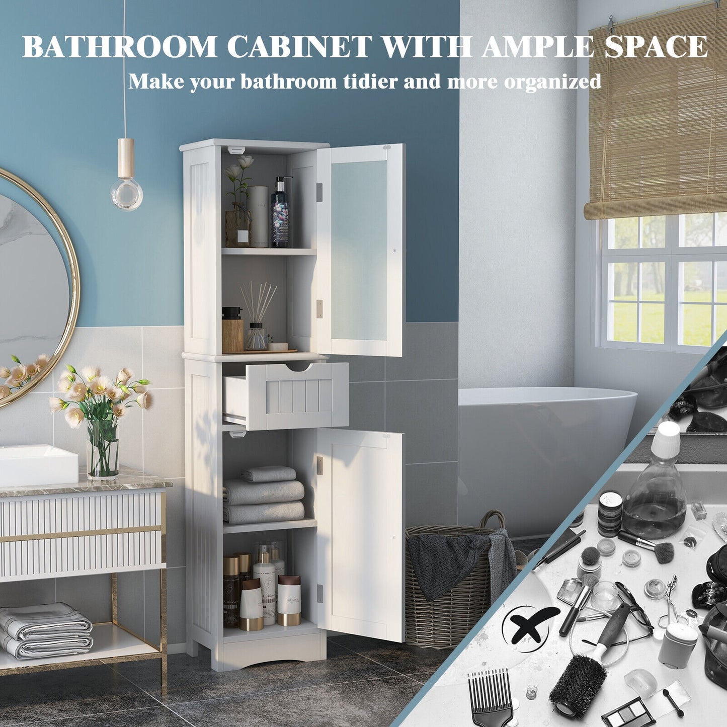 Slim Tall Storage Cabinet with 2 Doors and Drawer for Bathroom Organization