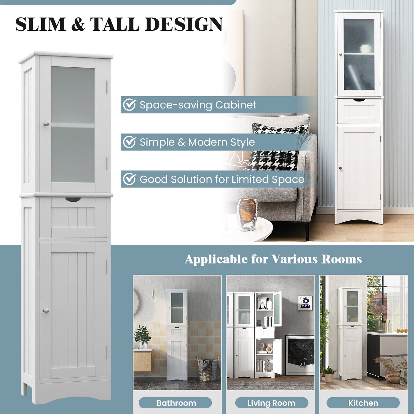 Slim Tall Storage Cabinet with 2 Doors and Drawer for Bathroom Organization