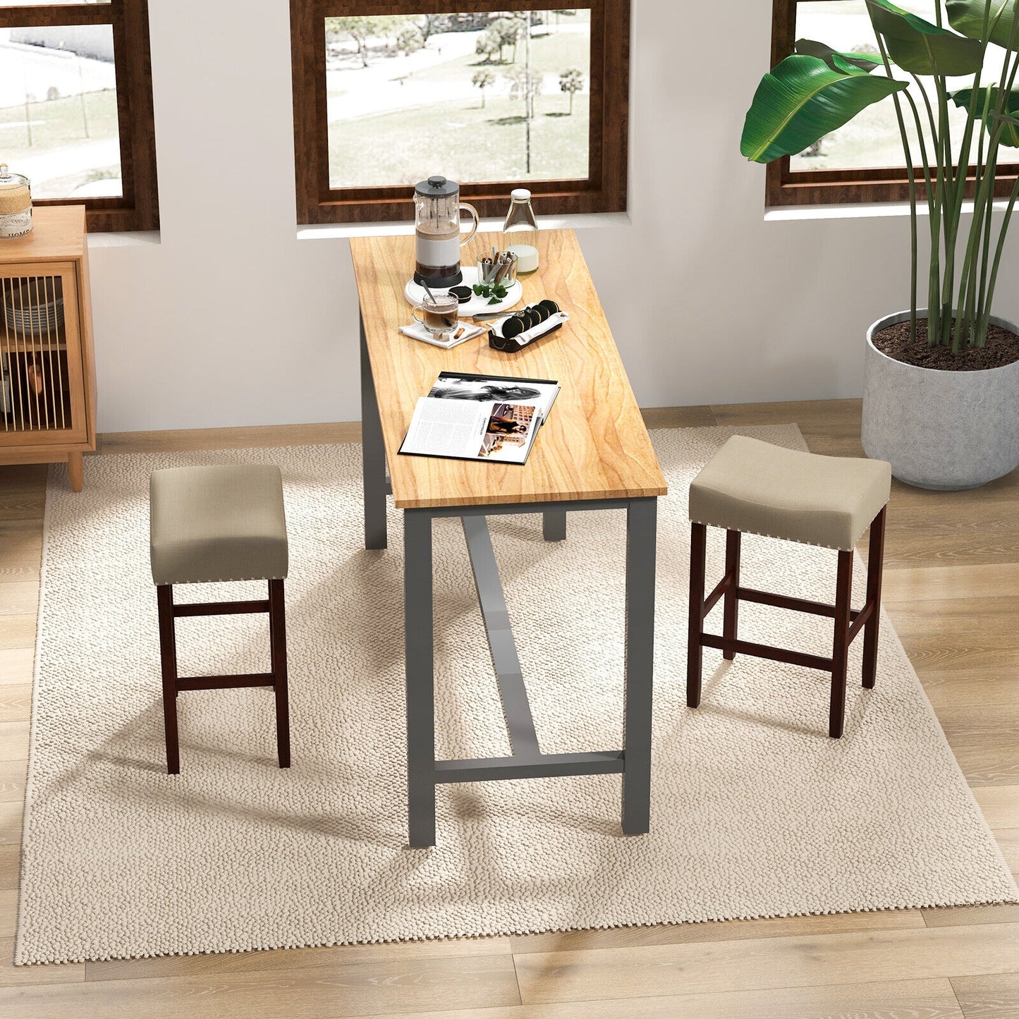 25 Inch Upholstered Bar Stools Set of 2 with Beige Linen Cushions and Backless Design