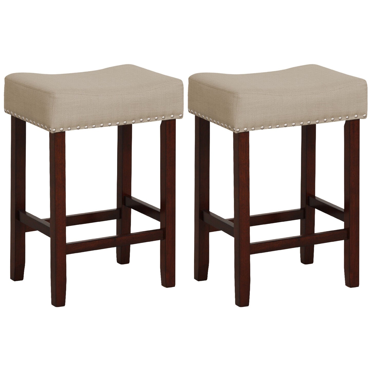 25 Inch Upholstered Bar Stools Set of 2 with Beige Linen Cushions and Backless Design