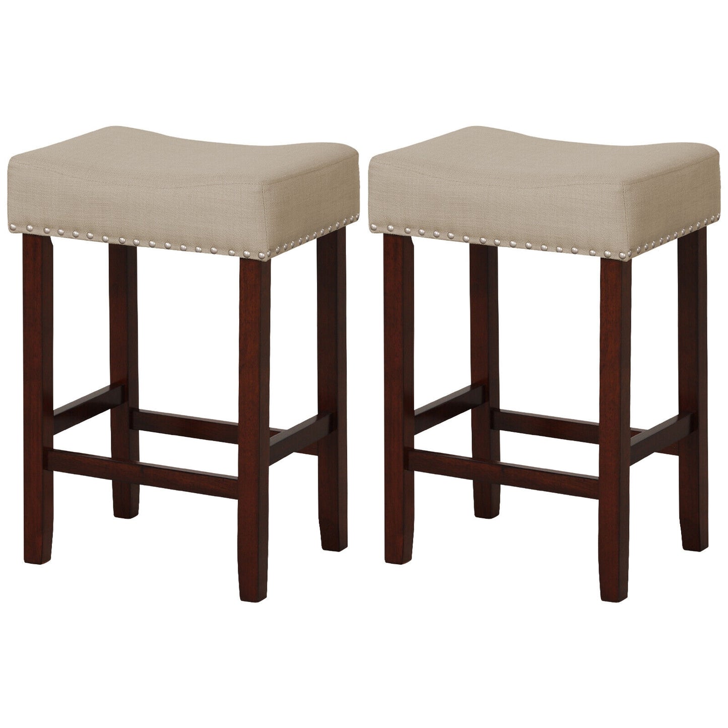 25 Inch Upholstered Bar Stools Set of 2 with Beige Linen Cushions and Backless Design