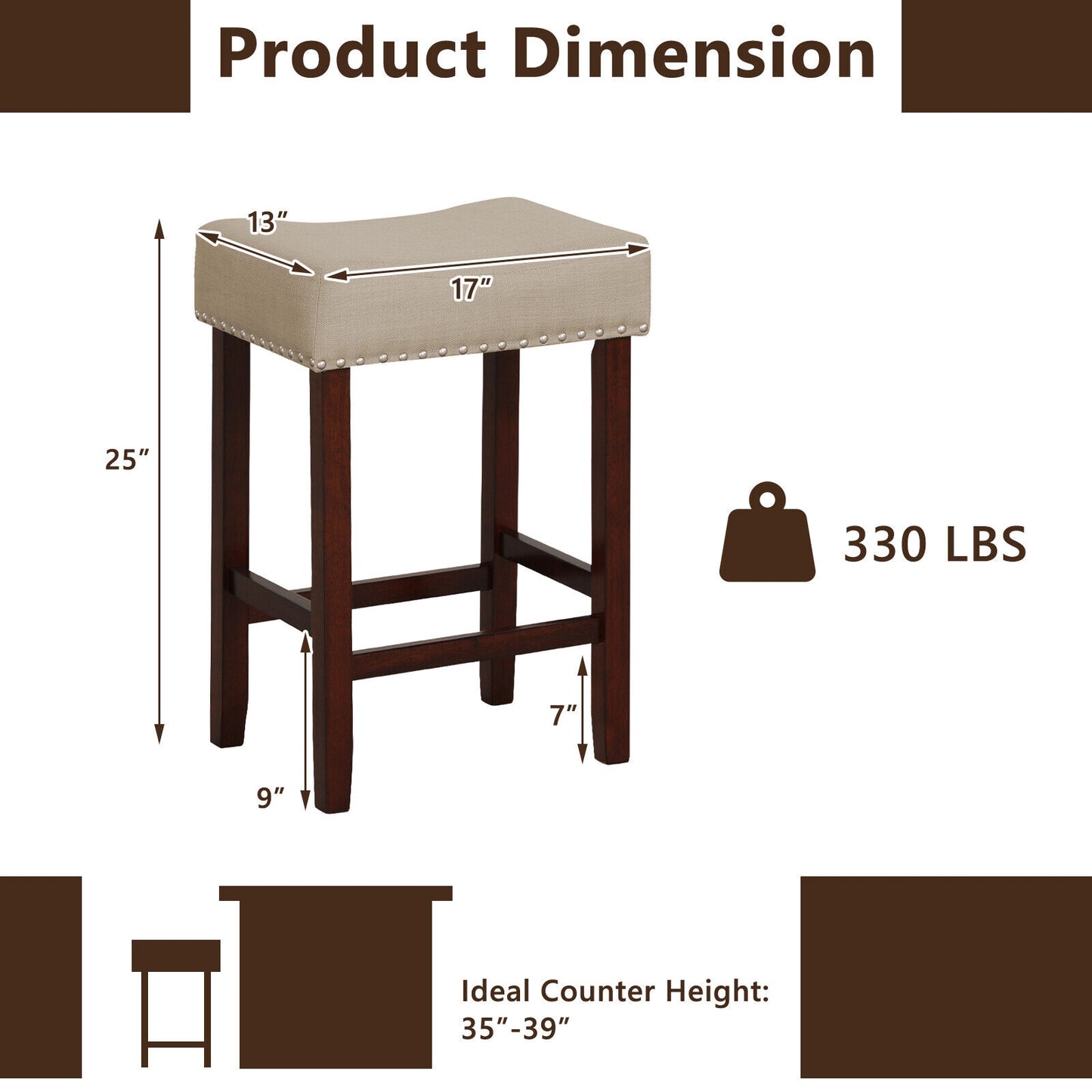 25 Inch Upholstered Bar Stools Set of 2 with Beige Linen Cushions and Backless Design