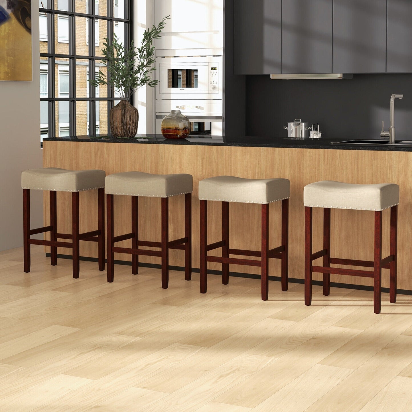 25 Inch Upholstered Bar Stools Set of 2 with Beige Linen Cushions and Backless Design