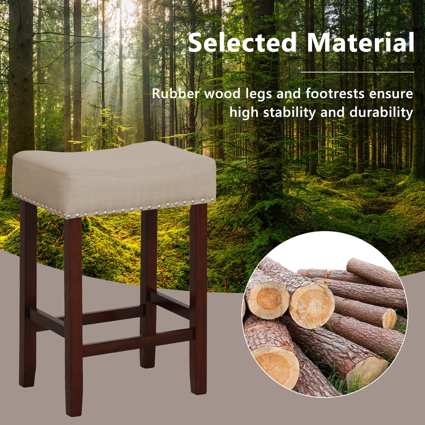 25 Inch Upholstered Bar Stools Set of 2 with Beige Linen Cushions and Backless Design