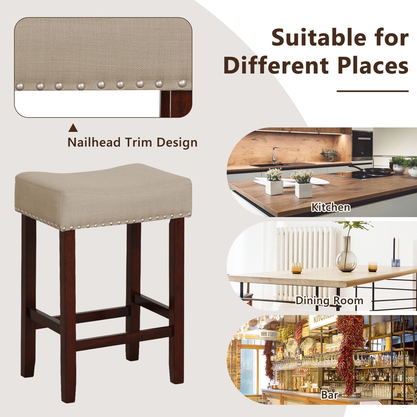 25 Inch Upholstered Bar Stools Set of 2 with Beige Linen Cushions and Backless Design