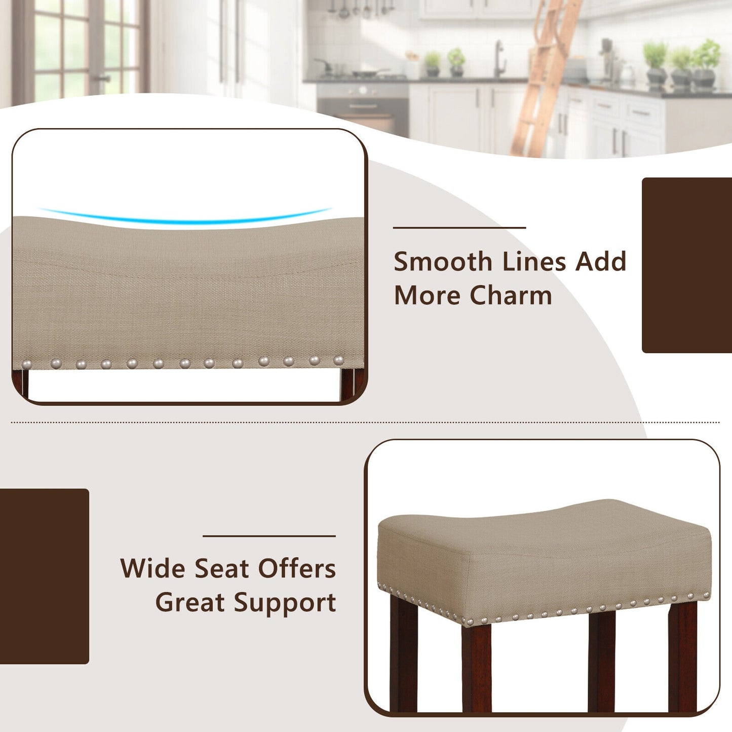 25 Inch Upholstered Bar Stools Set of 2 with Beige Linen Cushions and Backless Design