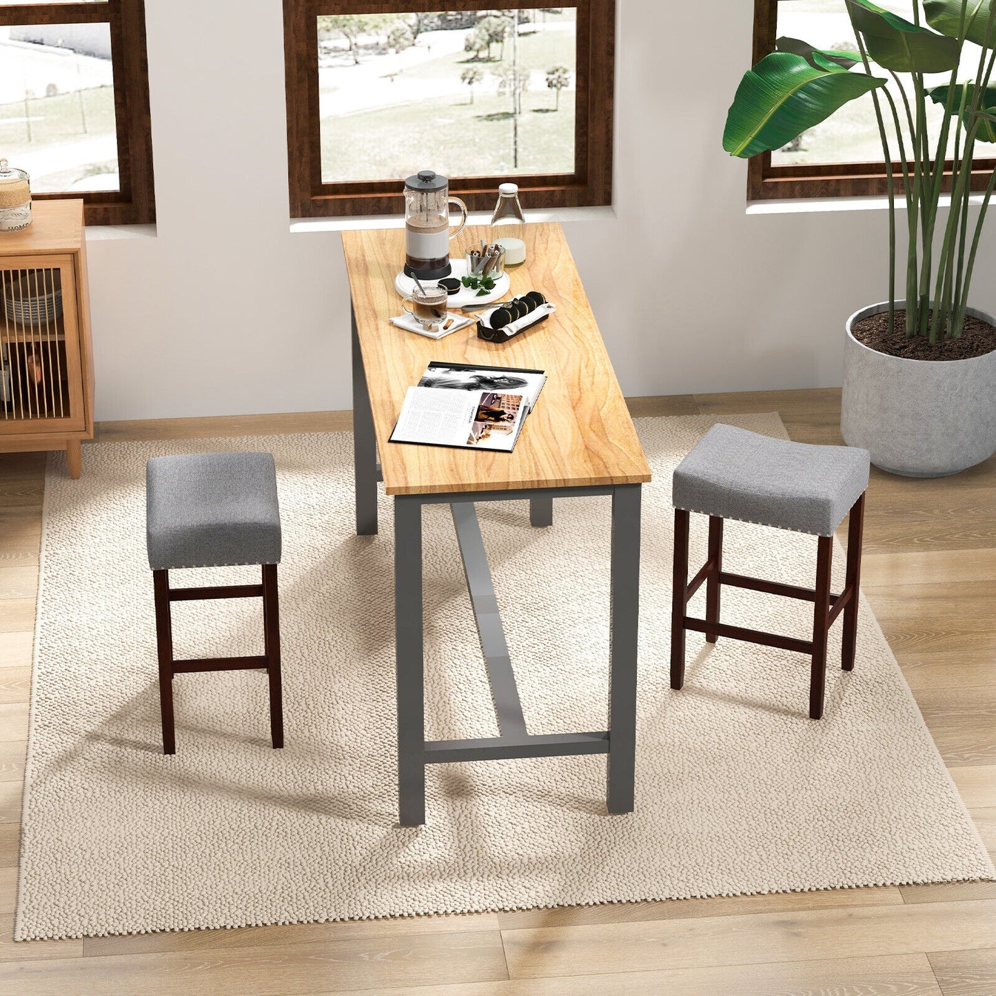 25 Inch Upholstered Bar Stools Set of 2 with Grey Linen Cushions and Backless Design