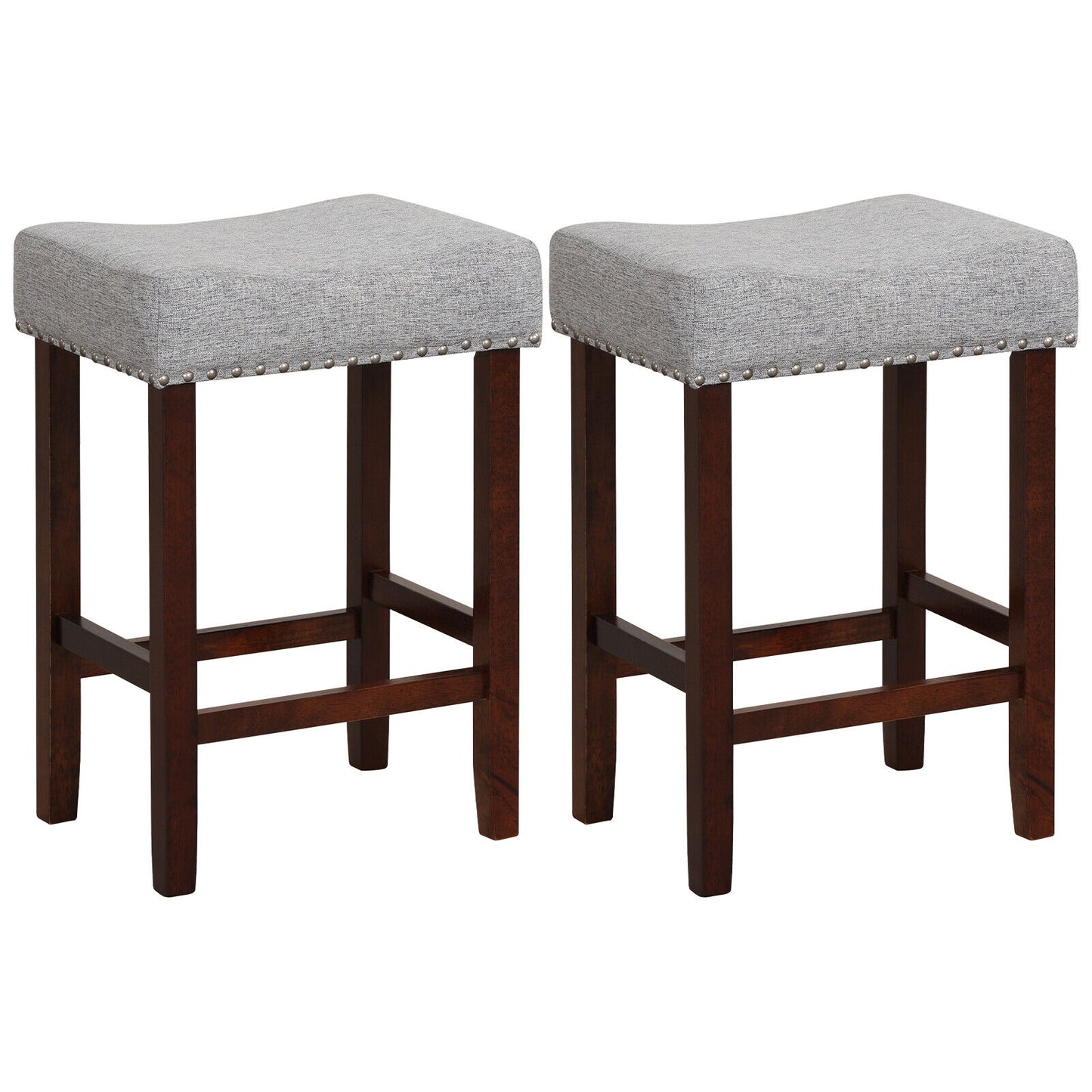25 Inch Upholstered Bar Stools Set of 2 with Grey Linen Cushions and Backless Design
