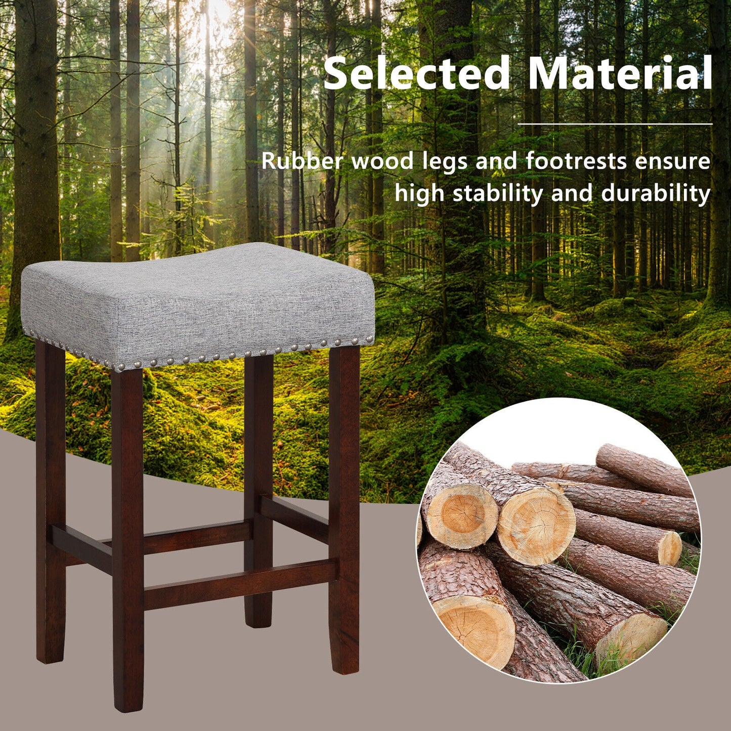 25 Inch Upholstered Bar Stools Set of 2 with Grey Linen Cushions and Backless Design