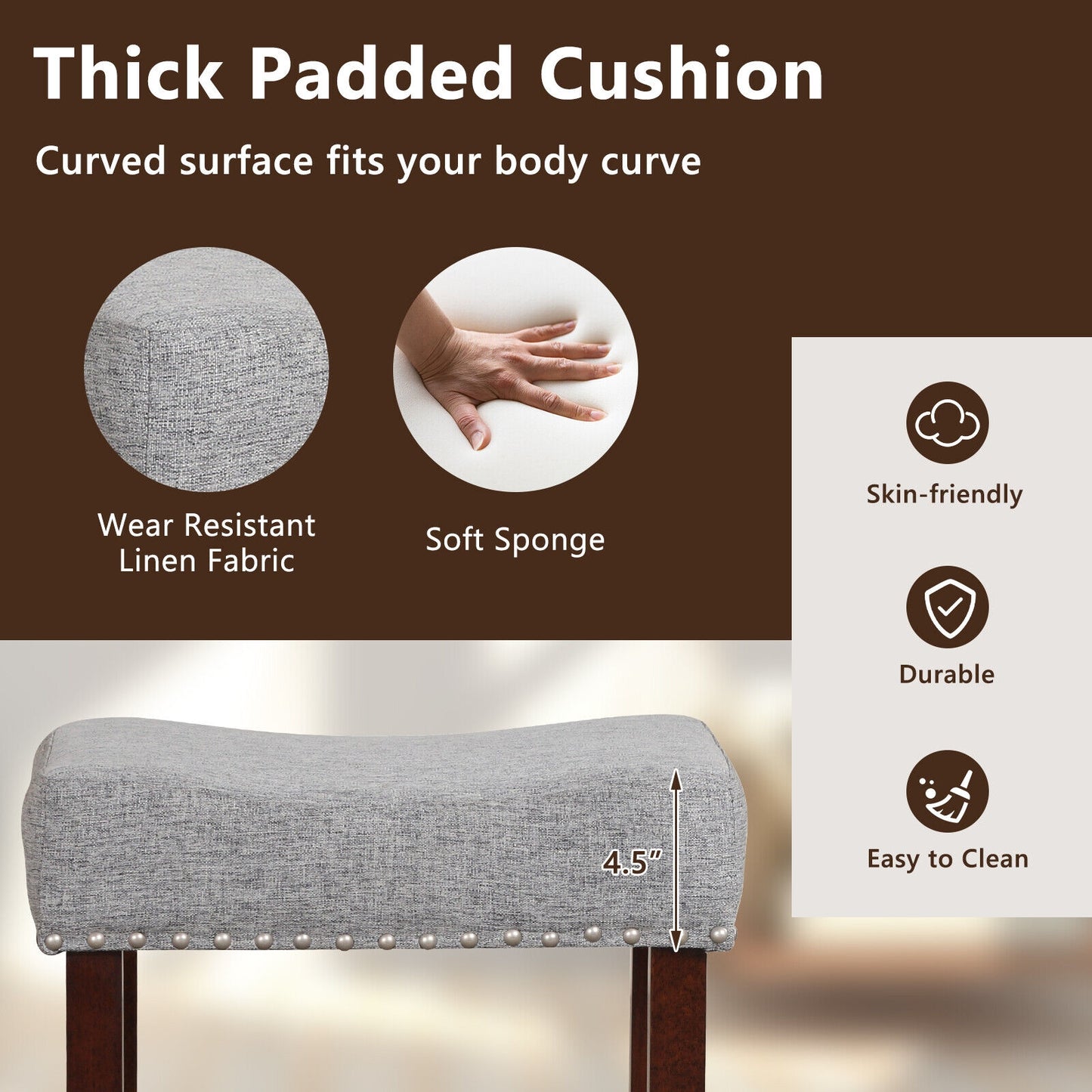 25 Inch Upholstered Bar Stools Set of 2 with Grey Linen Cushions and Backless Design