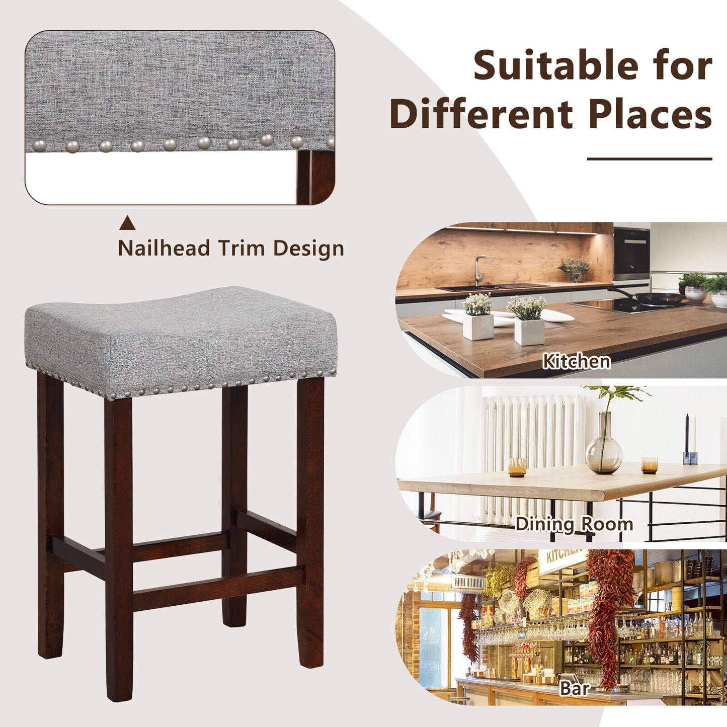 25 Inch Upholstered Bar Stools Set of 2 with Grey Linen Cushions and Backless Design