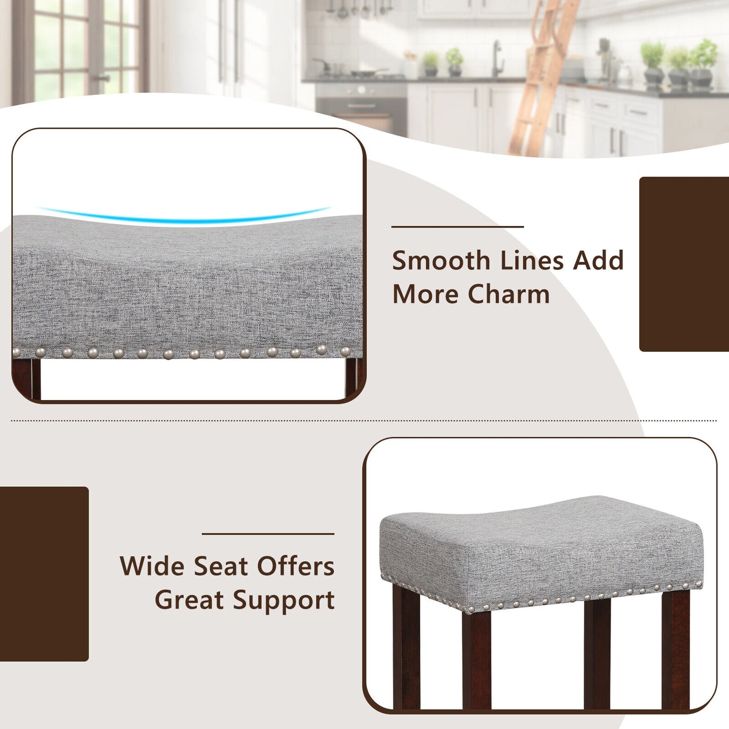 25 Inch Upholstered Bar Stools Set of 2 with Grey Linen Cushions and Backless Design