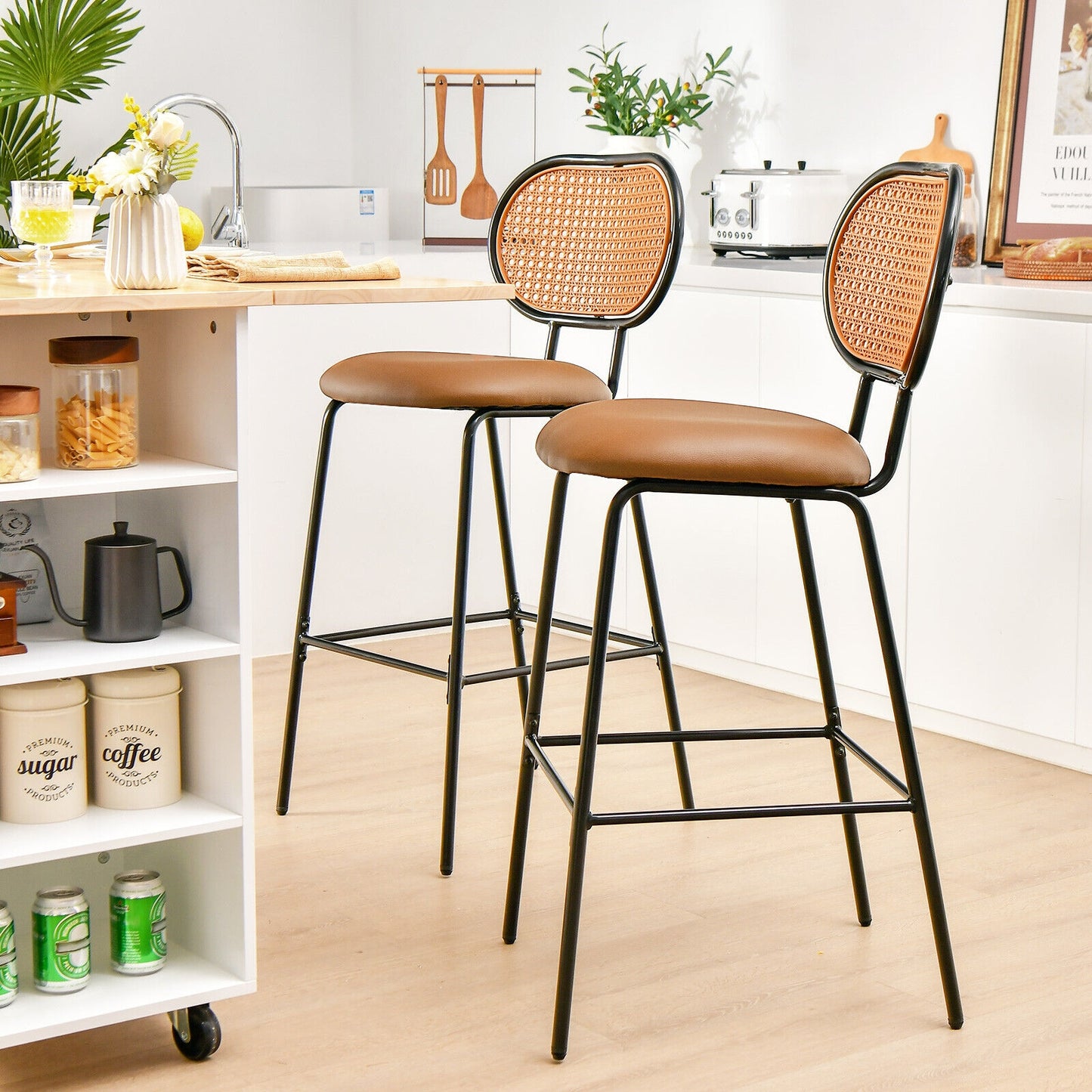 Set of 2 Modern 29.5 Inch Bar Stools with Faux Leather Seats and Woven Rattan-Style Backrests in Brown