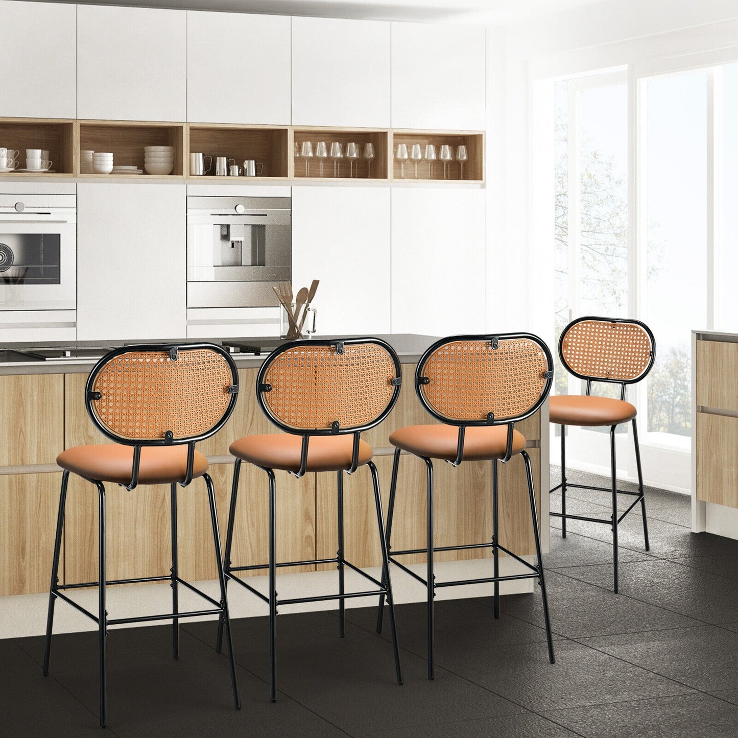 Set of 2 Modern 29.5 Inch Bar Stools with Faux Leather Seats and Woven Rattan-Style Backrests in Brown