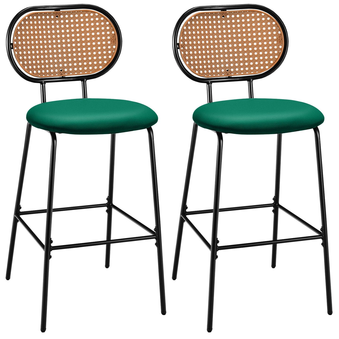 Set of 2 Modern 29.5 Inch Bar Stools with Faux Leather Seats and Woven Rattan-Style Backrests in Green