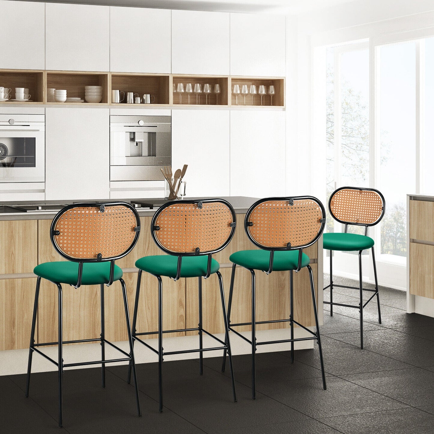 Set of 2 Modern 29.5 Inch Bar Stools with Faux Leather Seats and Woven Rattan-Style Backrests in Green