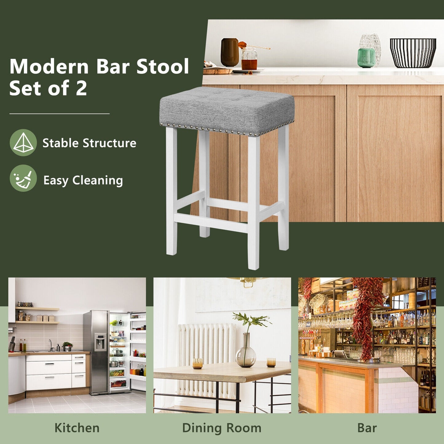 Set of 2 Counter Height Bar Stools with Tufted Cushions and Linen Upholstery 24.5 Inch