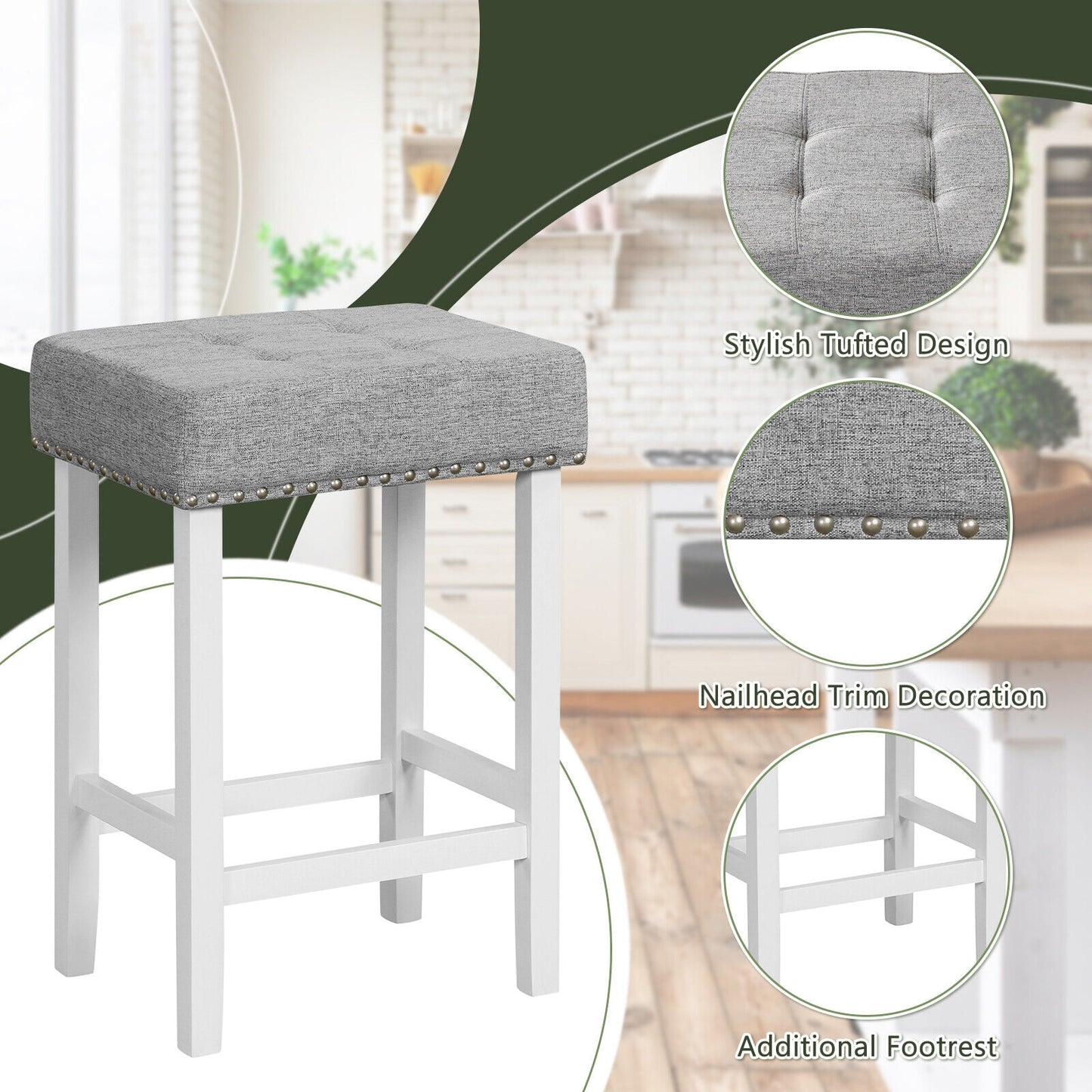 Set of 2 Counter Height Bar Stools with Tufted Cushions and Linen Upholstery 24.5 Inch