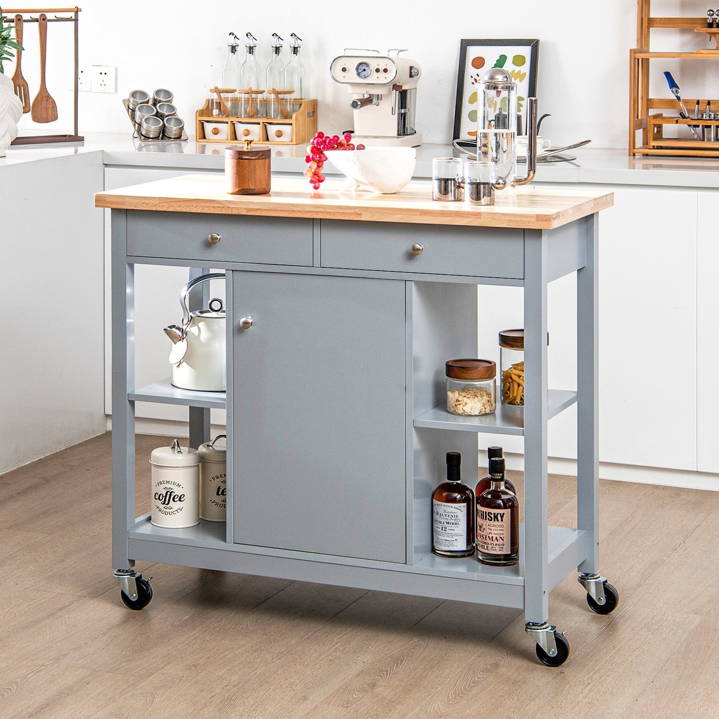 Rolling Kitchen Island with Drawers and Open Storage Shelves for Home Use