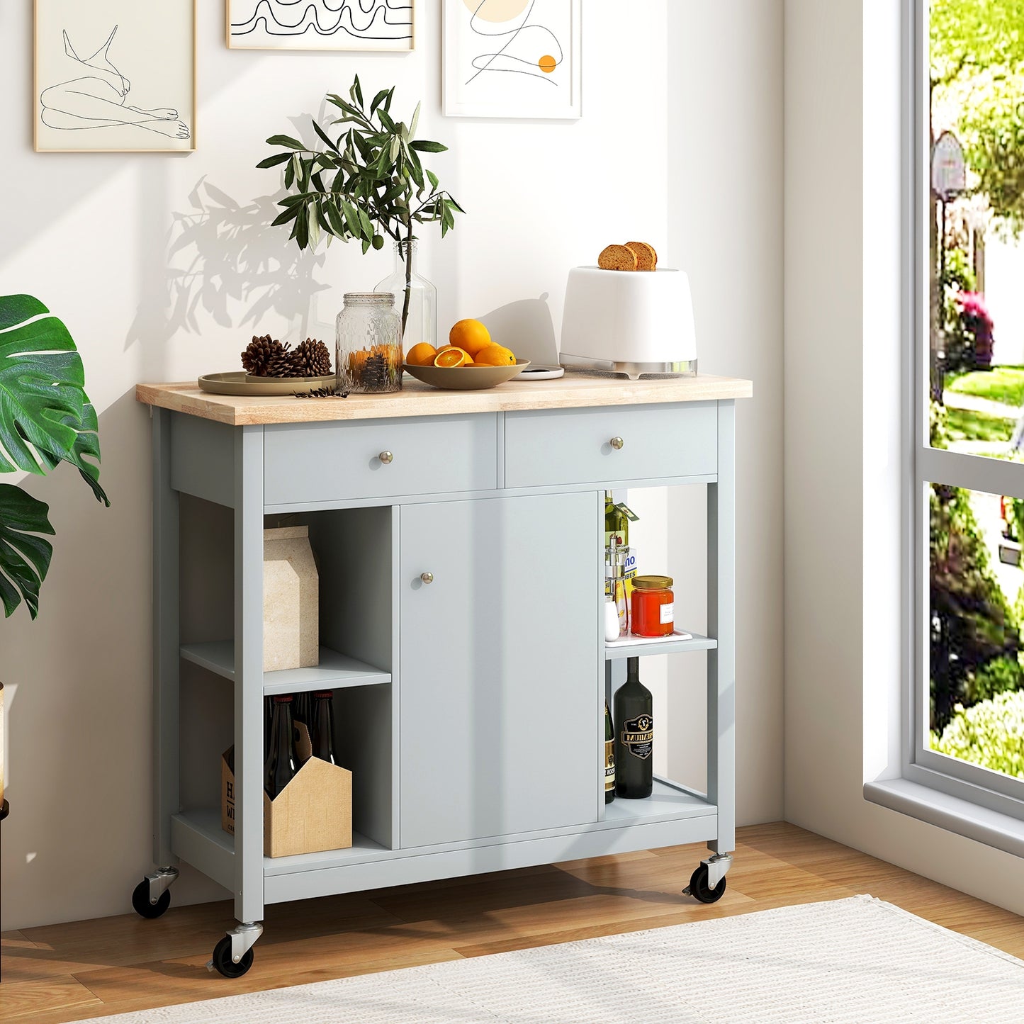 Rolling Kitchen Island with Drawers and Open Storage Shelves for Home Use