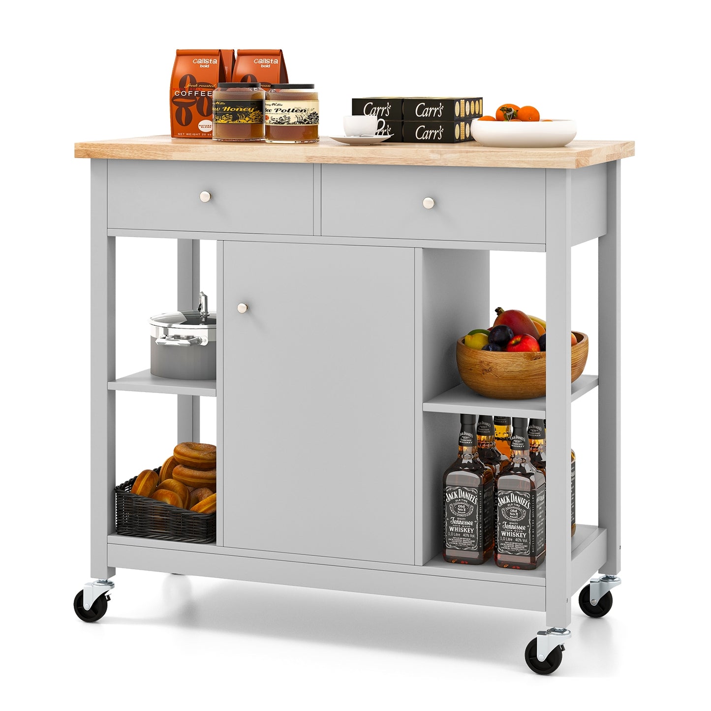 Rolling Kitchen Island with Drawers and Open Storage Shelves for Home Use