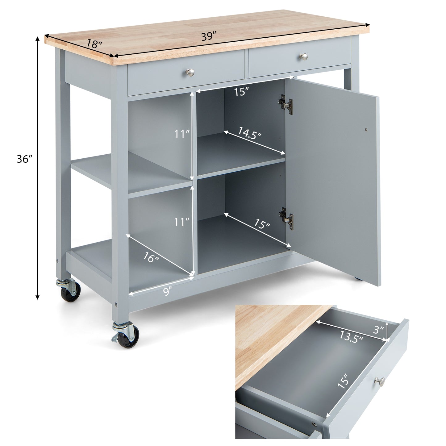 Rolling Kitchen Island with Drawers and Open Storage Shelves for Home Use
