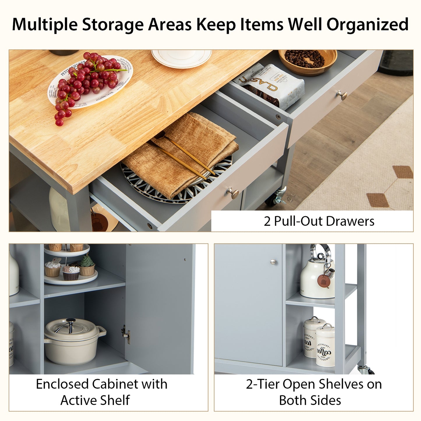 Rolling Kitchen Island with Drawers and Open Storage Shelves for Home Use