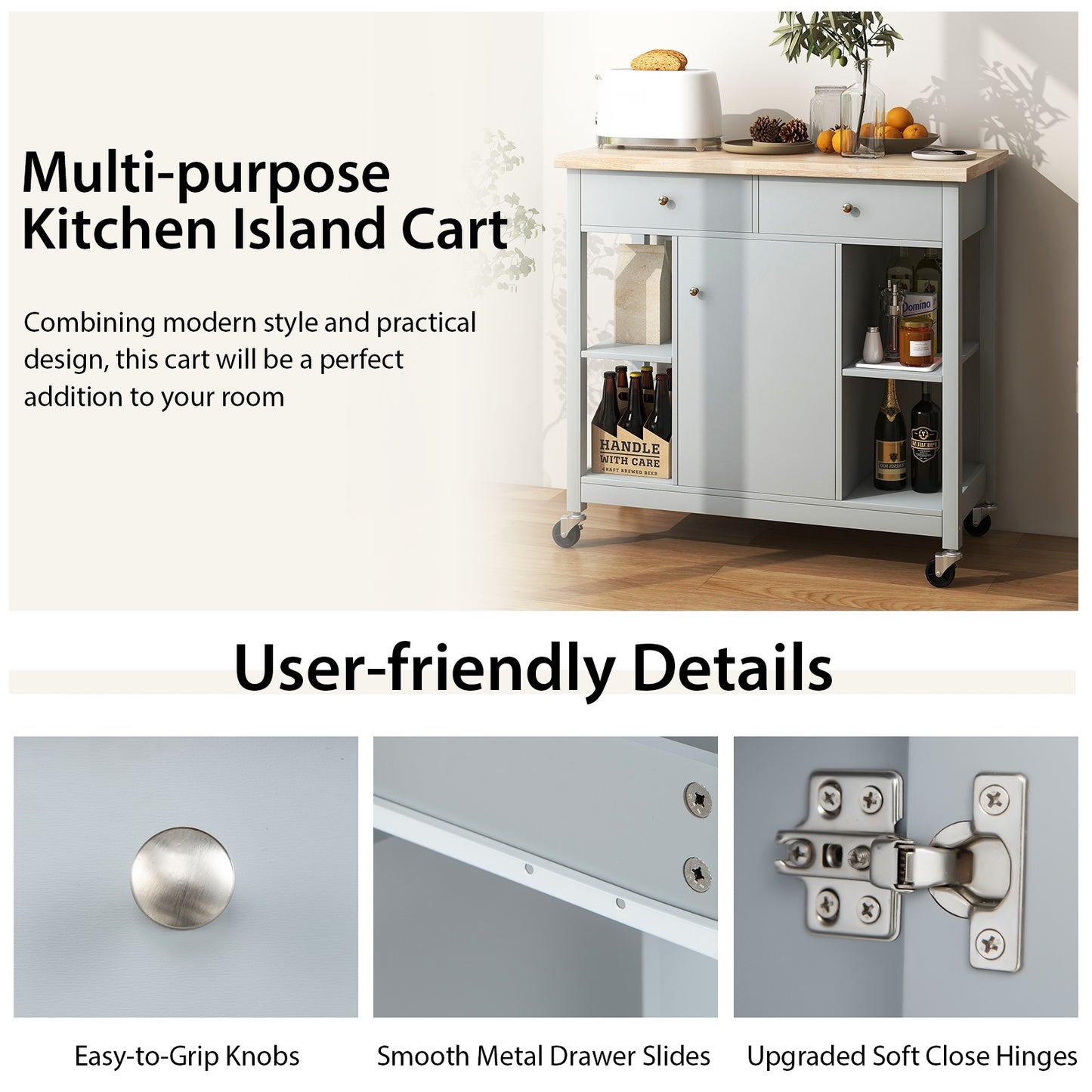 Rolling Kitchen Island with Drawers and Open Storage Shelves for Home Use