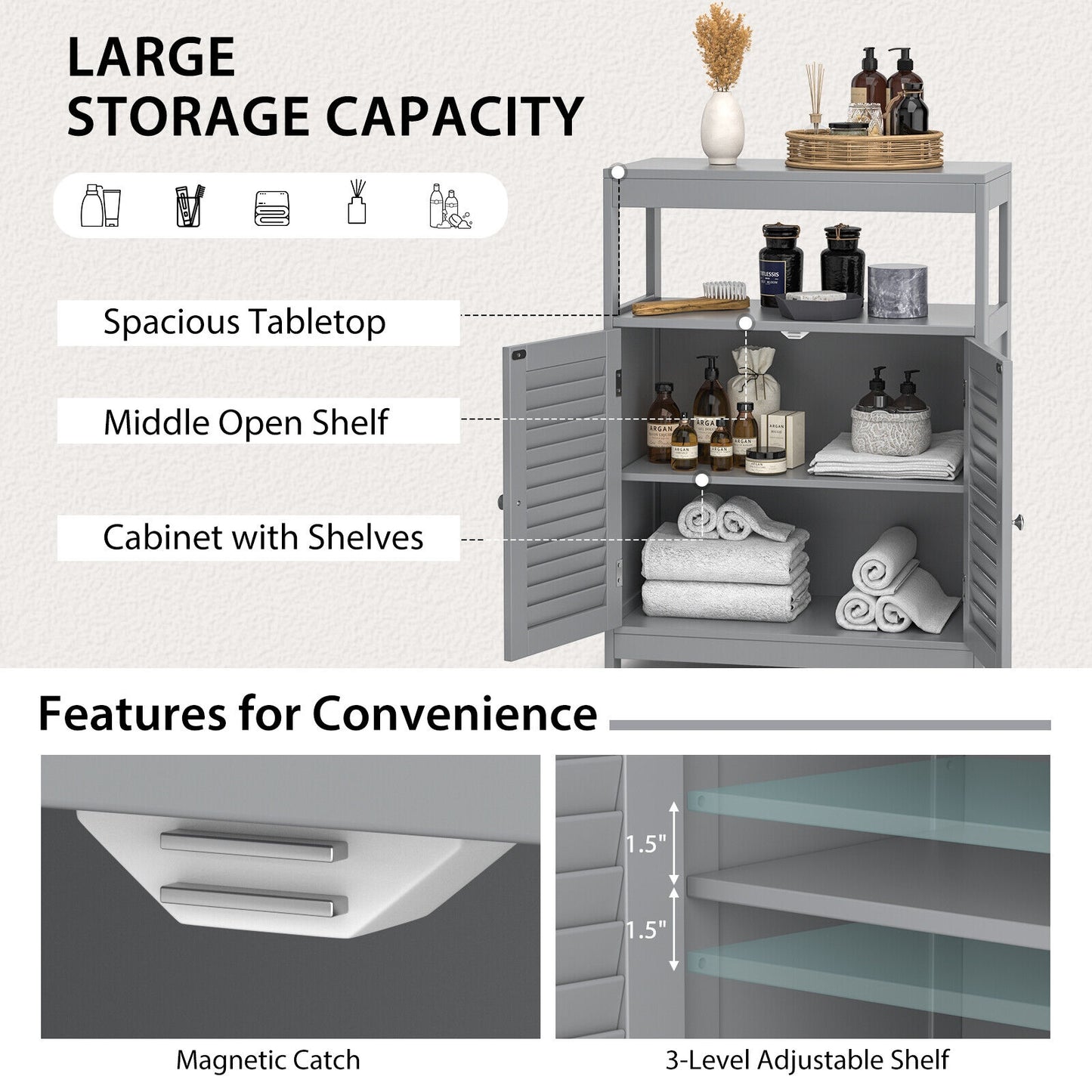 Stylish Freestanding Bathroom Cabinet with Adjustable Shelf & Shutter Doors