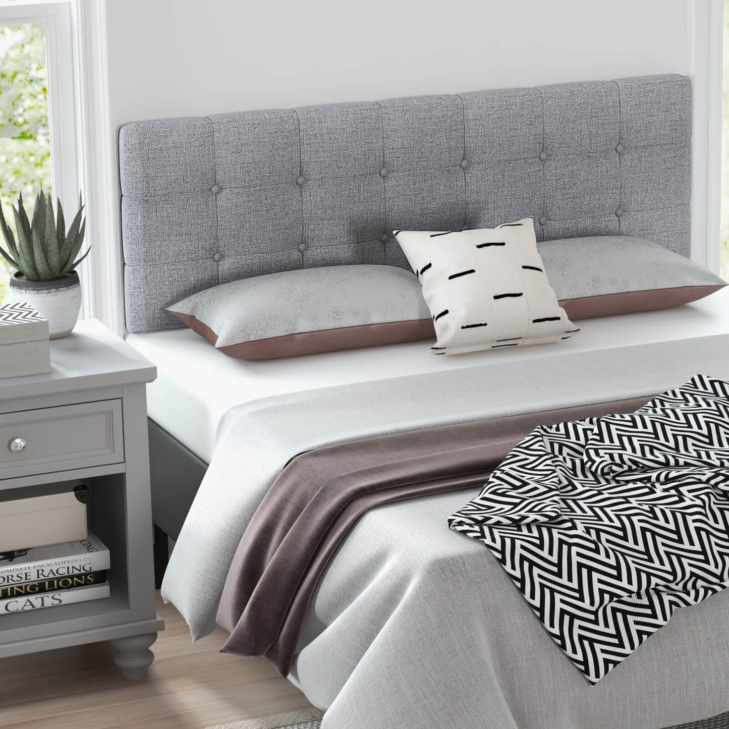 Upholstered Headboard with Solid Rubber Wood Legs for Full/Queen Beds - Grey