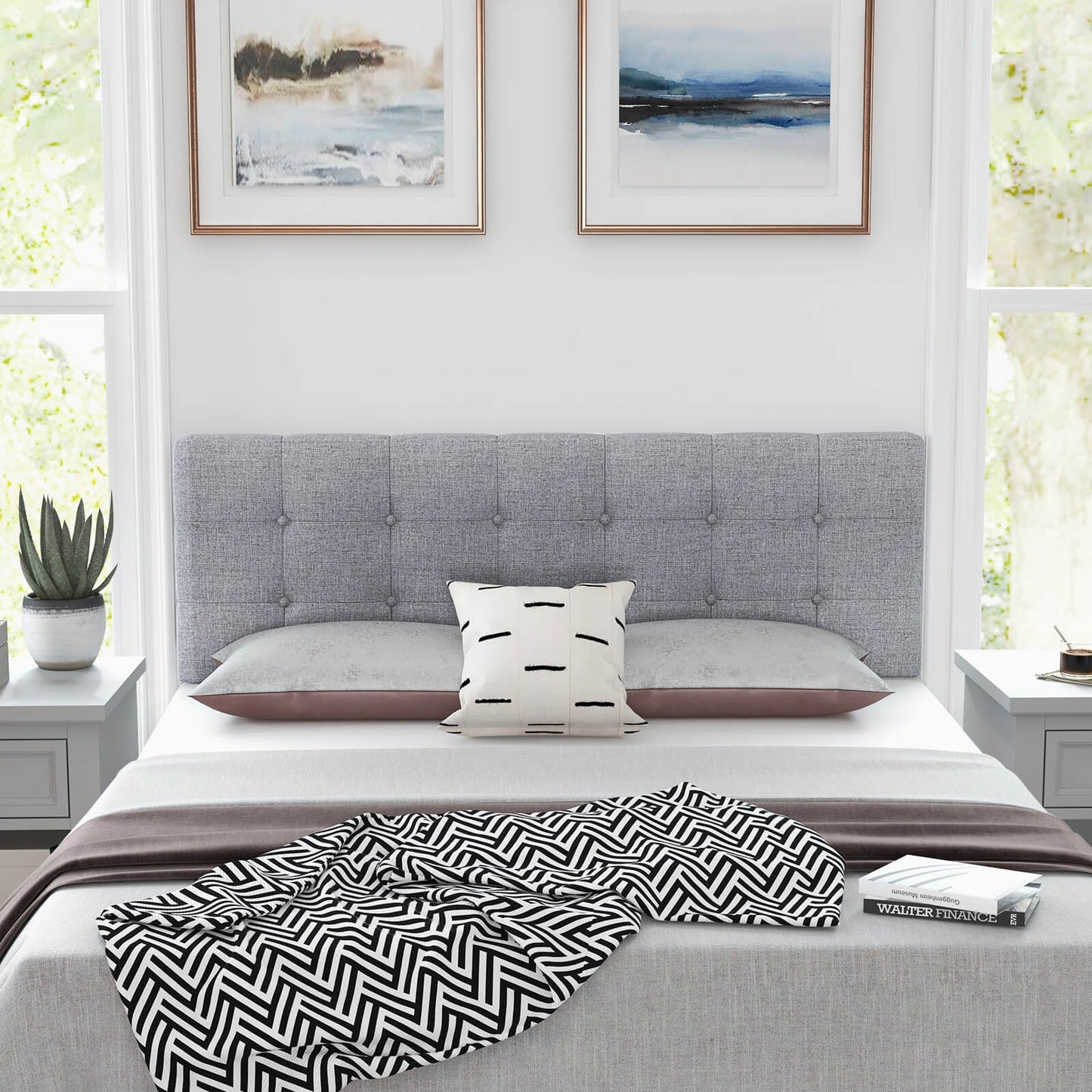 Upholstered Headboard with Solid Rubber Wood Legs for Full/Queen Beds - Grey